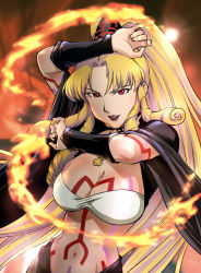 Rule 34 | 1girl, blonde hair, breasts, cleavage, drill hair, fire, game arts, large breasts, lipstick, long hair, lunar, lunar: the silver star, makeup, navel, red eyes, solo, tattoo, ueyama michirou, xenobia