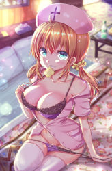 Rule 34 | 1girl, absurdres, ahoge, arm support, bad id, bad pixiv id, bare shoulders, bed, blanket, blue eyes, blurry, blurry background, blush, bottle, bra, breasts, cleavage, collarbone, commentary request, condom, condom wrapper, cross, day, depth of field, dress shirt, floral print, glint, grin, groin, hair ornament, hair scrunchie, hand up, hat, highres, indoors, knee up, light particles, lingerie, long hair, looking at viewer, low twintails, medium breasts, mouth hold, navel, nurse, nurse cap, off shoulder, on bed, open clothes, open mouth, open shirt, orange hair, original, panties, panty pull, partially unbuttoned, pillow, pink shirt, purple bra, purple panties, scrunchie, shirt, short sleeves, sidelocks, smile, solo, strap gap, table, teeth, tenzeru, thighhighs, tissue box, twintails, underwear, white thighhighs, window, yellow scrunchie
