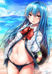 Rule 34 | 1girl, arms behind back, bikini, black bikini, black hat, blue hair, blue sky, bow, bowtie, collared shirt, cowboy shot, day, food, fruit, groin, hat, highres, hinanawi tenshi, long hair, looking at viewer, navel, outdoors, peach, red bow, red bowtie, red eyes, shirt, sky, solo, sunlight, swimsuit, touhou, white shirt, wing collar, yuhito (ablbex)