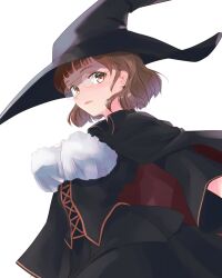 Rule 34 | 1girl, alternate costume, black cape, black dress, blunt bangs, breasts, brown eyes, brown hair, cape, commentary request, cowboy shot, dress, glasses, hat, highres, kantai collection, large breasts, looking at viewer, pince-nez, roma (kancolle), short hair, simple background, solo, tsukasa (tukasa br), wavy hair, white background, witch hat