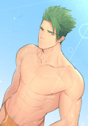 Rule 34 | 1boy, achilles (fate), bara, commentary request, fate/apocrypha, fate/grand order, fate (series), green hair, hunterkay, male focus, manly, muscular, pubic hair, simple background, solo, swimsuit, upper body, yellow eyes