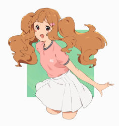 Rule 34 | 1girl, :d, blush, green background, hair ornament, hibike! euphonium, highres, kamo kamen, long hair, looking at viewer, nase amika, open mouth, orange hair, pink shirt, pleated skirt, red eyes, shirt, short sleeves, skirt, smile, solo, twintails, two-tone background, white background, white skirt
