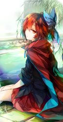 Rule 34 | 1girl, black shirt, blue bow, bow, cape, colored eyelashes, commentary, hair between eyes, hair bow, head tilt, kutsuki kai, light smile, long sleeves, looking at viewer, looking back, miniskirt, outdoors, plant, pleated skirt, red cape, red eyes, red hair, red skirt, sekibanki, shirt, short hair, sitting, skirt, sleeves rolled up, solo, thighs, touhou, water