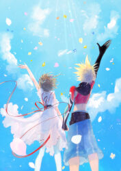 Rule 34 | 1boy, 1girl, arm up, blonde hair, blue shorts, brown hair, cloud, cloudy sky, dress, flower, hair bobbles, hair ornament, highres, holding hands, inomata mutsumi (person), kyle dunamis, petals, reala (tales), ribbon, short hair, shorts, sky, tales of (series), tales of destiny 2, thighhighs, white dress, youki