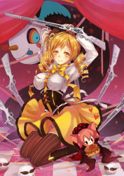 Rule 34 | 10s, beret, blonde hair, boots, breasts, brown thighhighs, charlotte (madoka magica), corset, detached sleeves, drill hair, fingerless gloves, gloves, gun, hair ornament, hairpin, hat, large breasts, magical girl, magical musket, mahou shoujo madoka magica, mahou shoujo madoka magica (anime), pleated skirt, puffy sleeves, pyotr (madoka magica), rifle, skirt, solo, striped clothes, striped thighhighs, tanotomoe, thighhighs, tomoe mami, twin drills, vertical-striped clothes, vertical-striped thighhighs, weapon, witch&#039;s labyrinth, witch (madoka magica), yellow eyes