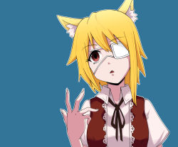 Rule 34 | 1girl, animal ear fluff, animal ears, asymmetrical hair, bandage over one eye, black ribbon, blonde hair, blue background, brown eyes, brown vest, collared shirt, commentary request, cookie (touhou), fox ears, fox girl, hair between eyes, highres, looking at viewer, medium hair, miramikaru riran, neck ribbon, open mouth, ribbon, shirt, short sleeves, sidelocks, simple background, solo, upper body, vest, white shirt, yan pai