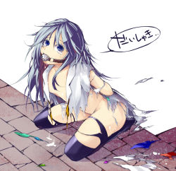 Rule 34 | 1girl, arms behind back, black thighhighs, blue eyes, blue hair, bottomless, dress shirt, female focus, flat chest, gag, gagged, hinanawi tenshi, kneeling, long hair, matching hair/eyes, no panties, open clothes, shirt, solo, tami (nekoneto), tears, thighhighs, thighs, touhou, translation request