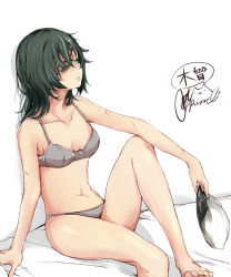 Rule 34 | 1girl, barefoot, bra, breasts, character name, commentary request, eyepatch, green eyes, green hair, grey bra, grey panties, hat, holding, holding clothes, holding hat, kantai collection, kiso (kancolle), panties, rizzl, short hair, simple background, small breasts, solo, twitter username, underwear, underwear only, unworn hat, unworn headwear, white background, white hat