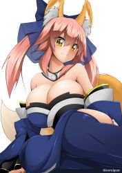Rule 34 | 10s, 1girl, absurdres, animal ears, blue bow, blush, bow, breasts, cleavage, closed mouth, detached collar, detached sleeves, fate/extra, fate (series), fox ears, fox tail, hair between eyes, hair bow, hair ribbon, highres, huge breasts, japanese clothes, large bow, long hair, looking down, moralgear, pink hair, ribbon, sidelocks, sitting, skindentation, smile, solo, tail, tamamo no mae (fate/extra), transparent background, twintails, twitter username, yellow eyes, yokozuwari