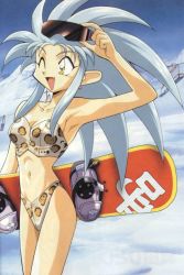 Rule 34 | 1990s (style), 1girl, bikini, day, fang, long hair, one eye closed, retro artstyle, ryouko (tenchi muyou!), silver hair, snow, snowboard, solo, spiked hair, sunglasses, swimsuit, tenchi muyou!, wink, yellow eyes
