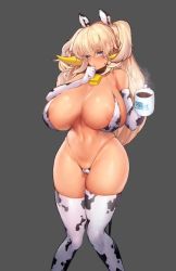 Rule 34 | 1girl, animal ears, animal print, animated, areola slip, bikini, blinking, blonde hair, blush, bouncing breasts, breasts, cleavage, covered erect nipples, cow ears, cow girl, cow print, cow tail, cup, dark elf, dark elven forest ranger, elbow gloves, elf, english text, gloves, grey background, gyaru, hair between eyes, horns, huge breasts, kogal, last origin, long hair, looking at viewer, mug, mug writing, navel, pinkboy, pointy ears, purple eyes, simple background, skindentation, snowball22, solo, swaying, swimsuit, tail, thick thighs, thighs, two side up, ugoira, video, white legwear, wide hips