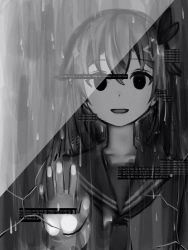 Rule 34 | 1girl, :d, against fourth wall, against glass, bad id, bad pixiv id, binary, bow, crack, cracked glass, dot nose, empty eyes, glitch, greyscale, hair between eyes, hair bow, hair flaps, hair ornament, hand up, highres, hololive, hololive error, horror (theme), long hair, looking at viewer, monochrome, nanashi (nlo), open mouth, school uniform, serafuku, smile, solo, star (symbol), star hair ornament, tokino sora, virtual youtuber