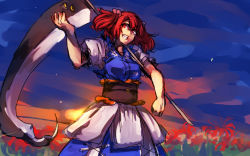 Rule 34 | 1girl, evening, grin, melon22, onozuka komachi, puffy short sleeves, puffy sleeves, red eyes, red hair, scythe, short sleeves, smile, solo, sunset, touhou, twilight, twintails, two side up, wallpaper