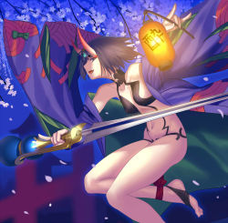 Rule 34 | 1girl, :d, \n/, ankle ribbon, bare shoulders, barefoot, barefoot sandals (jewelry), black hair, breasts, collarbone, fate/grand order, fate (series), feet, flower, from side, gem, glint, hair ornament, holding, holding sword, holding weapon, horns, japanese clothes, jewelry, kimono, lantern, leg ribbon, lens flare, looking at viewer, md5 mismatch, navel, night, off shoulder, oni, open clothes, open kimono, open mouth, paper lantern, petals, pinky out, profile, purple eyes, purple hair, revealing clothes, ribbon, short hair, shuten douji (fate), shuten douji (first ascension) (fate), sideways mouth, skin-covered horns, small breasts, smile, solo, stomach, sword, toeless legwear, tsukikanade, weapon