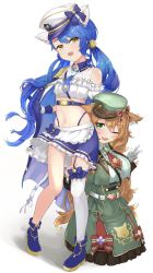 Rule 34 | amamiya kokoro, amamiya kokoro (2nd costume), animal ears, belt, blue hair, breasts, brown hair, cat ears, clothing cutout, commentary request, fang, hair ornament, hat, highres, large breasts, long hair, low twintails, midriff, military, military hat, military uniform, miniskirt, necktie, nijisanji, one eye closed, open mouth, shoulder cutout, single thighhigh, skirt, standing, stomach, thighhighs, twintails, uniform, virtual youtuber, warabeda meiji, warabeda meiji (4th costume), warabeda meijii, wolf ears, yellow eyes