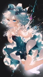 Rule 34 | 1girl, adapted costume, bare shoulders, blue bow, blue dress, blue eyes, blue hair, blue nails, bow, breasts, chromatic aberration, cirno, commentary request, dark background, dress, drop earrings, earrings, floating hair, foot out of frame, frills, hair bow, hair over mouth, heart, heart earrings, highres, ice, ice wings, jewelry, looking at viewer, majamari, medium hair, nail polish, reaching, reaching towards viewer, red ribbon, ribbon, simple background, small breasts, solo, touhou, wings