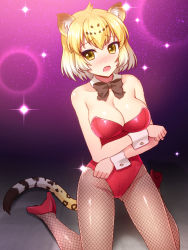 Rule 34 | 10s, 1girl, animal ears, bare shoulders, blonde hair, blush, bow, bowtie, breasts, brown bow, brown bowtie, commentary request, detached collar, fishnet pantyhose, fishnets, high heels, highres, jaguar (kemono friends), jaguar ears, jaguar print, jaguar tail, kemono friends, kittysuit, kneeling, large breasts, leotard, looking at viewer, no bra, nontraditional playboy bunny, open mouth, pantyhose, playboy bunny, red footwear, red leotard, short hair, solo, tail, totokichi, wrist cuffs, yellow eyes