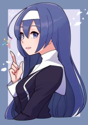 Rule 34 | 1girl, black dress, blue background, blue border, blue eyes, blue hair, blush, border, breasts, commentary, confetti, cropped torso, dated commentary, dress, english commentary, from side, hair between eyes, hairband, index finger raised, long hair, long sleeves, open mouth, orie ballardiae harada, outside border, party popper, simple background, solo, split mouth, symbol-only commentary, umenodo, under night in-birth, upper body, very long hair, white hairband