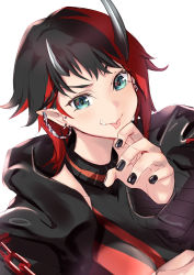 Rule 34 | 1girl, black hair, black jacket, black nails, black sports bra, blue eyes, blush, breasts, chain, closed mouth, commentary request, demon girl, demon horns, dutch angle, ear chain, ear piercing, hanerilove, highres, horns, jacket, large breasts, looking at viewer, multicolored hair, nail polish, nanashi inc., open clothes, open jacket, piercing, pointy ears, red hair, red sports bra, ryugasaki rene, ryugasaki rene (1st costume), short hair, simple background, smile, solo, sports bra, sugar lyric, tongue, tongue out, two-tone hair, underboob, upper body, virtual youtuber, white background