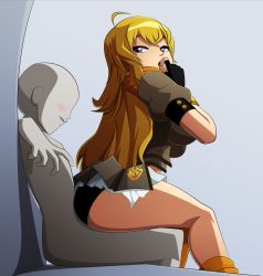 Rule 34 | 1boy, 1girl, ass, black panties, blonde hair, blush, breasts, finger to mouth, gloves, highres, large breasts, long hair, looking back, open mouth, panties, purple eyes, ravenravenraven, rwby, sitting, sitting on person, skirt, teasing, underwear, yang xiao long