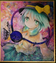 Rule 34 | 1girl, aqua eyes, bow, hat, hat bow, komeiji koishi, long sleeves, looking at viewer, mosho, own hands together, painting (medium), painting (object), shikishi, shirt, silver hair, skirt, smile, solo, third eye, touhou, traditional media, watercolor (medium), wide sleeves