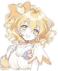 Rule 34 | 1girl, blonde hair, blush, breasts, choker, cleavage, clover ornament, cure pine, dated, earrings, fresh precure!, hair ornament, heart, heart earrings, heart hair ornament, highres, jewelry, looking at viewer, medium breasts, medium hair, okayashi, open mouth, orange choker, precure, side ponytail, signature, simple background, smile, solo, upper body, white background, wrist cuffs, yamabuki inori, yellow eyes