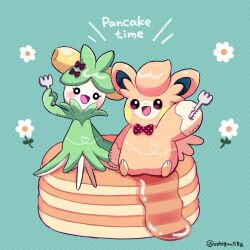 Rule 34 | bow, bowtie, creatures (company), dolliv, floral background, food, fork, full body, game freak, hair bow, hand up, heart, holding, holding fork, mochopaccho, nintendo, open mouth, pancake, pancake stack, pawmo, pokemon, pokemon (creature), polka dot, polka dot background, smile, syrup, twitter username