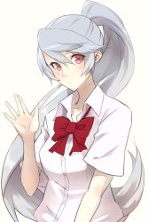 Rule 34 | 1girl, blue hair, bow, dress shirt, highres, labrys (persona), long hair, looking at viewer, persona, persona 4: the ultimate in mayonaka arena, ponytail, rdc7229, red eyes, school uniform, shirt, solo, upper body, very long hair, waving, white shirt