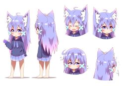 Rule 34 | 1girl, :d, :o, absurdres, ahoge, animal ears, barefoot, blue hoodie, blue skirt, blush, character sheet, closed eyes, closed mouth, commentary request, cropped torso, fang, fox ears, full body, hair between eyes, hair ornament, highres, hood, hood down, hoodie, idaten93, long hair, looking away, looking to the side, multiple views, open mouth, original, parted lips, pleated skirt, purple eyes, purple hair, sidelocks, simple background, skirt, smile, standing, till (idaten93), translation request, v-shaped eyebrows, very long hair, wavy mouth, white background, x hair ornament