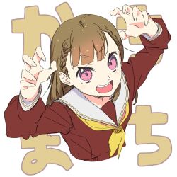 Rule 34 | 1girl, :d, arms up, braid, brown dress, brown hair, center-flap bangs, claw pose, commentary, cropped torso, dress, from above, hasu no sora school uniform, highres, kachimachi kosuzu, light blush, link! like! love live!, long hair, long sleeves, looking at viewer, love live!, neckerchief, open mouth, pink eyes, repurika, sailor collar, sailor dress, school uniform, side braids, smile, solo, straight hair, teeth, text background, translated, upper teeth only, v-shaped eyebrows, virtual youtuber, white background, white sailor collar, winter uniform, yellow neckerchief