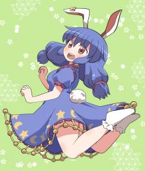 Rule 34 | 1girl, animal ears, blue dress, blue hair, blush, dress, earclip, frilled dress, frilled sleeves, frills, full body, green background, highres, long hair, open mouth, puffy short sleeves, puffy sleeves, rabbit ears, rabbit tail, red eyes, rokugou daisuke, seiran (touhou), short sleeves, signature, smile, socks, solo, tail, teeth, touhou, upper teeth only, white socks