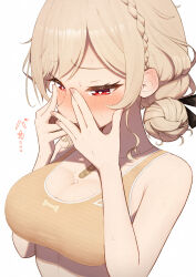 Rule 34 | 1girl, absurdres, bare arms, bare shoulders, black ribbon, blonde hair, blush, braid, breasts, closed mouth, collarbone, covering face, crown braid, double bun, embarrassed, furen e lustario, hair bun, hair ribbon, highres, jewelry, large breasts, looking down, lunch boxer, necklace, nijisanji, nose blush, red eyes, ribbon, short hair, solo, sports bra, upper body, virtual youtuber, yellow sports bra