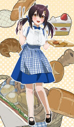 Rule 34 | 1girl, absurdres, apron, azur lane, baguette, black hair, blue apron, blue bow, blue bowtie, blue ribbon, blue skirt, blush, bow, bowtie, bread, cake, cake slice, checkered apron, checkered clothes, checkered ribbon, commission, croissant, dr. gero (staedtler 0508), food, fruit, hair between eyes, hair ornament, hair ribbon, hairclip, hands up, highres, holding, holding tongs, holding tray, horns, kobeya, kobeya uniform, low twintails, medium hair, melon bread, nagara (azur lane), open mouth, orange eyes, pastry, ribbon, shirt, short sleeves, skeb commission, skirt, smile, solo, strawberry, tongs, tray, twintails, white apron, white ribbon, white shirt