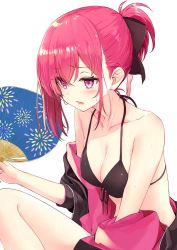 Rule 34 | 1girl, ariaria (netsuki), bare shoulders, bikini, bikini top only, black bikini, black jacket, blush, bow, breasts, cleavage, collarbone, commentary request, front-tie bikini top, front-tie top, hair bow, halterneck, halterneck, hand fan, holding, jacket, long hair, looking away, medium breasts, miruto netsuki, off shoulder, original, parted lips, pink eyes, pink hair, ponytail, sidelocks, simple background, solo, sweat, swimsuit, thighs, white background