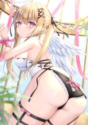 Rule 34 | 1girl, absurdres, angel wings, ass, bdsm, black panties, blonde hair, blurry, blurry background, blush, bondage, bound, breasts, cage, camisole, closed mouth, commentary request, feathered wings, hair between eyes, hair ornament, hair ribbon, highres, long hair, looking at viewer, looking back, medium breasts, miwa uni, original, panties, purple eyes, ribbon, sideboob, sidelocks, solo, standing, thighs, twintails, underwear, white camisole, white wings, wings, x hair ornament