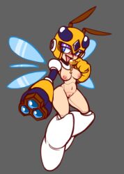 Rule 34 | 1girl, antennae, arm cannon, armor, blue eyes, blush, breasts, capcom, chipposter, cleft of venus, flying, helmet, honey, honey woman, joints, licking finger, medium breasts, mega man (classic), mega man (series), navel, nipples, nude, pussy, robot, robot joints, weapon, wings