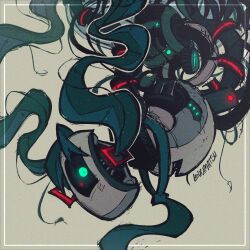 Rule 34 | aqua hair, aqua necktie, artist name, commentary, cosplay, english commentary, glados, glowing, glowing eye, green eyes, grey background, hair ornament, hatsune miku, hatsune miku (cosplay), highres, long hair, looking at viewer, lucimatsu, necktie, no humans, portal (series), portal 1, robot, simple background, solo, very long hair, vocaloid