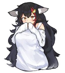 Rule 34 | 1girl, absurdres, animal ear fluff, animal ears, black hair, blush, breasts, brown eyes, clothing cutout, collarbone, embarrassed, highres, hololive, long hair, looking ahead, medium breasts, multicolored hair, ookami mio, ookami mio (casual), own hands together, paw print, red hair, shoulder cutout, sleeves past wrists, solo, streaked hair, suzu coconatu, sweater, upper body, very long hair, virtual youtuber, white background, white sweater, wolf ears