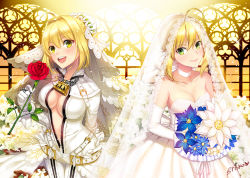 Rule 34 | 10s, 1girl, :d, ahoge, arm behind back, artist name, artoria pendragon (all), artoria pendragon (fate), bad id, bad pixiv id, belt, blonde hair, blush, bodysuit, bouquet, breasts, bridal veil, bride, briska, center opening, chain, chain necklace, choker, cleavage, closed mouth, collarbone, dress, dual persona, elbow gloves, fate/extra, fate/extra ccc, fate/grand order, fate/stay night, fate (series), flower, gloves, hair intakes, heart, holding, holding flower, jewelry, large breasts, lock, looking at viewer, medium breasts, necklace, nero claudius (bride) (fate), nero claudius (fate), nero claudius (fate) (all), open mouth, red flower, red rose, ribbon choker, ring, rose, saber (fate), saber (royal dress) (fate), short hair, smile, unzipped, veil, wedding dress, white dress, white gloves, window