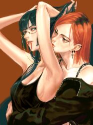 Rule 34 | 2girls, absurdres, armpits, arms up, breasts, brown eyes, brown hair, closed mouth, commentary request, dong er felt, glasses, green eyes, green hair, hair tie in mouth, hand in own hair, highres, jujutsu kaisen, kugisaki nobara, long hair, medium breasts, mouth hold, multiple girls, parted lips, procreate (medium), yuri, zen&#039;in maki