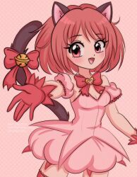 Rule 34 | 1990s (style), 1girl, absurdres, animal ears, bell, blush, bow, bowtie, breasts, bridal garter, cat ears, cat girl, cat tail, chellyko, detached sleeves, dress, fang, gloves, heart, highres, looking at viewer, mew ichigo, momomiya ichigo, open mouth, outstretched arm, pink background, pink dress, red bow, red bowtie, red eyes, red gloves, red hair, retro artstyle, ribbon, short hair, short sleeves, small breasts, smile, standing, strapless, strapless dress, tail, tail bell, tail ornament, tail ribbon, tokyo mew mew
