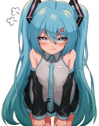 Rule 34 | 1girl, :t, absurdres, anger vein, angry, blue eyes, blue hair, detached sleeves, hatsune miku, highres, kumada gaon, leaning forward, long hair, looking at viewer, necktie, pout, sleeveless, solo, twintails, vocaloid, white background