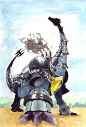 Rule 34 | armor, axe, digimon, digimon (creature), smoke, solo, tail, ultimatebrachimon