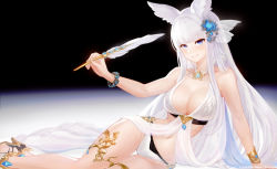 Rule 34 | 1girl, animal ears, arm support, artnohearts, bikini, blue eyes, blunt bangs, bracelet, breasts, choker, commentary request, erune, flower, granblue fantasy, hair flower, hair ornament, high heels, jewelry, korwa, korwa (summer) (granblue fantasy), large breasts, long hair, looking at viewer, lying, navel, on side, parted lips, quill, silver hair, smile, solo, swimsuit, very long hair, white bikini