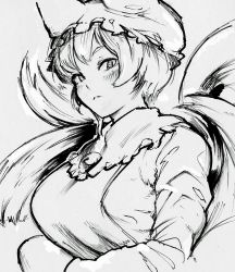 Rule 34 | 1girl, akuroporisu, animal ears, animal hat, blush, breasts, fox tail, greyscale, hands in opposite sleeves, hat, large breasts, long sleeves, looking at viewer, mob cap, monochrome, multiple tails, mob cap, serious, short hair, solo, tabard, tail, touhou, upper body, yakumo ran