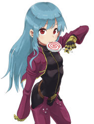 Rule 34 | 1girl, absurdres, biker clothes, blue hair, candy, cowboy shot, food, gloves, highres, jacket, kula diamond, lollipop, long hair, looking at viewer, red eyes, snk, solo, the king of fighters, yamamoto souichirou