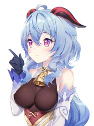 Rule 34 | 1girl, ahoge, bare shoulders, black gloves, blue hair, blush, bodysuit, breasts, brown bodysuit, closed mouth, colored eyelashes, commentary, cowbell, curly hair, ganyu (genshin impact), genshin impact, gloves, hair between eyes, hand up, horns, long hair, long sleeves, medium breasts, nami (nyaa), purple eyes, simple background, sleeves past wrists, solo, upper body, very long hair, white background, white sleeves