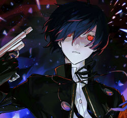 Rule 34 | 1boy, absurdres, alternate eye color, black gloves, blue hair, commentary request, evoker, expressionless, gekkoukan high school uniform, gloves, glowing, glowing eyes, gun, headphones, headphones around neck, highres, holding, holding gun, holding weapon, looking at viewer, male focus, ore iuse, pale skin, parted lips, persona, persona 3, persona 3 reload, red eyes, school uniform, short hair, solo, upper body, weapon, yuuki makoto (persona 3)