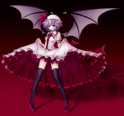 Rule 34 | 1girl, bat wings, bug, butterfly, circle skirt, clothes lift, dress, dress lift, female focus, hat, insect, legs, lifting own clothes, mary janes, pigeon-toed, purple hair, red eyes, remilia scarlet, shadow, shoes, short hair, smile, solo, thighhighs, touhou, utakata (kochou no yume), wings