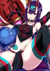 Rule 34 | 1girl, absurdres, bare shoulders, black fundoshi, black thighhighs, blush, breasts, chinese clothes, choker, club (weapon), collarbone, detached sleeves, dudou, earrings, eyeliner, fang, fate/grand order, fate (series), forehead jewel, fundoshi, gourd, heart, highres, horns, japanese clothes, jewelry, knee up, looking at viewer, low twintails, makeup, nanakaku, oni, open mouth, purple eyes, purple hair, short eyebrows, short hair, short twintails, shuten douji (fate), shuten douji (fate/grand order), shuten douji (halloween caster) (fate), skin-covered horns, small breasts, spread legs, thighhighs, thighs, twintails, weapon